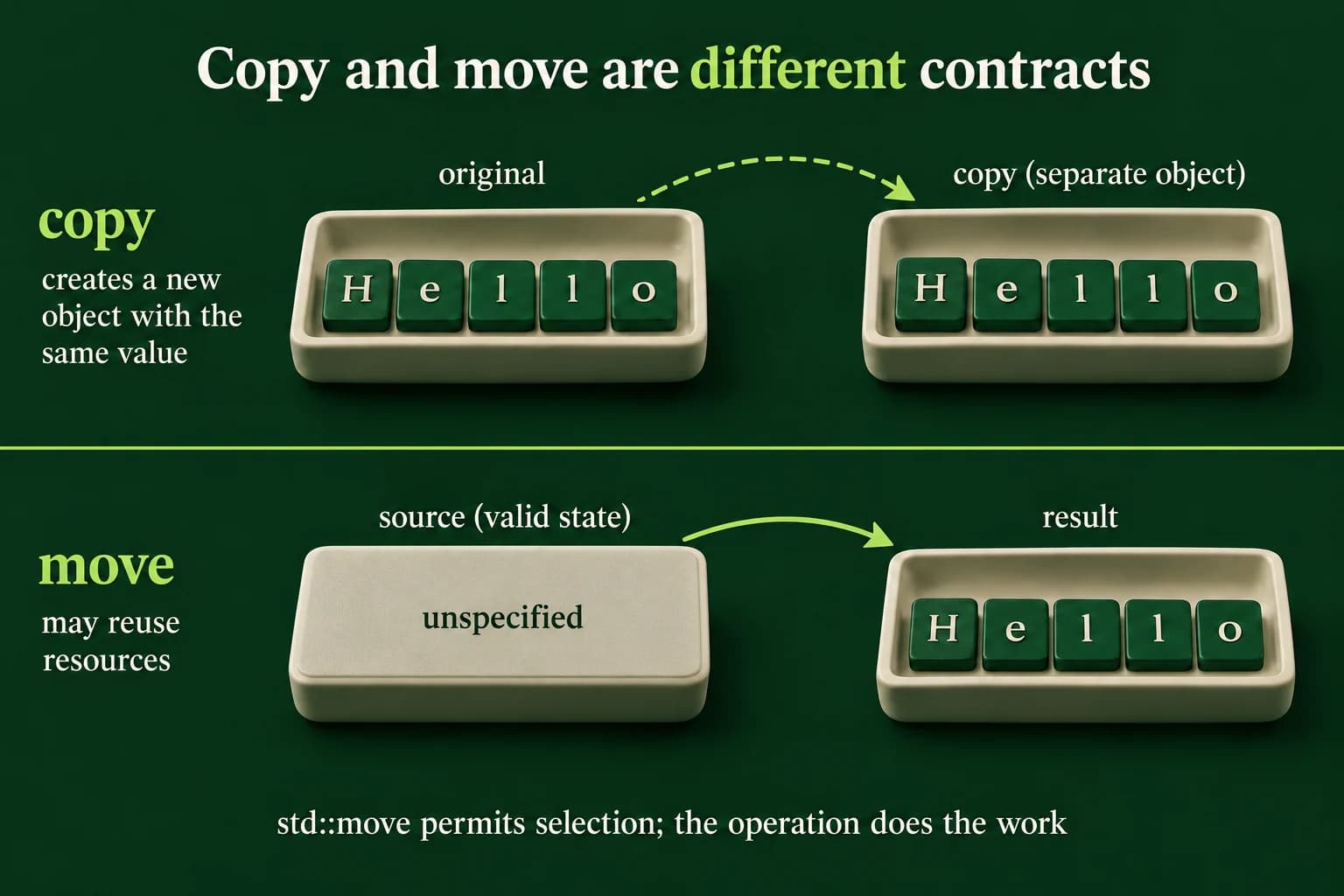 A copy panel shows independent matching values in separate containers. A move panel distinguishes a valid source state from the destination result without promising that a generic moved-from vector or string is empty; the operation, not the std::move expression alone, determines the result.