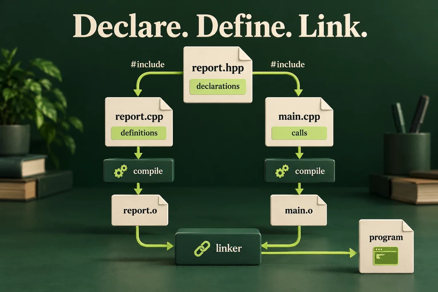 report.hpp supplies declarations to report.cpp and main.cpp. Each source file compiles into its own object file, report.o and main.o. The linker combines both objects into one program; the header is not shown as a third independently linked source file.