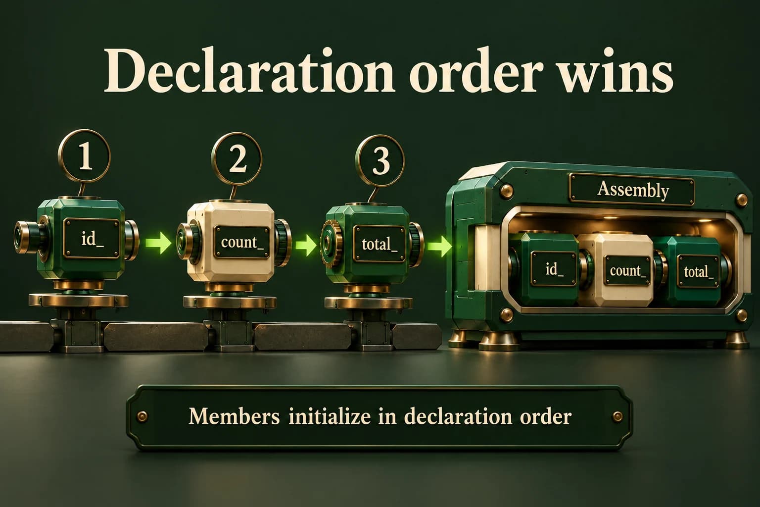 A conceptual assembly sequence initializes id_, count_ and a derived total_ in their declared order before a completed object becomes available. The illustration emphasizes that rewriting the member initializer list does not change the declaration-based order.