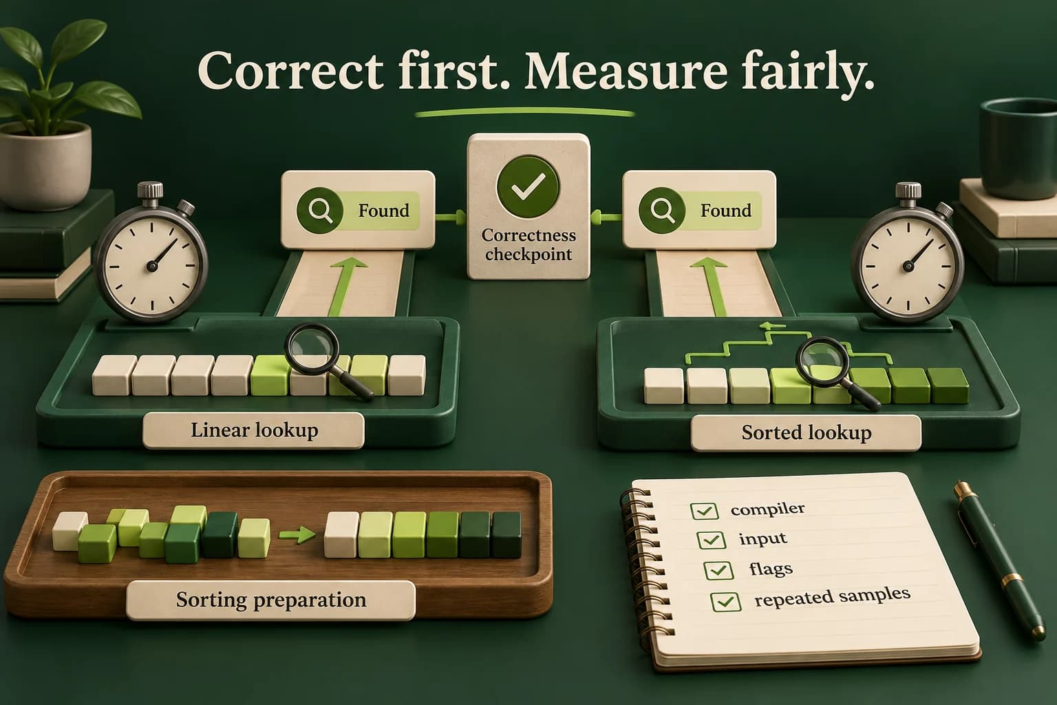 Two lookup strategies first pass a correctness comparison. Their later timing lanes are separate from sorting preparation, and a notebook records compiler, flags, inputs and repeated samples. No stopwatch displays an invented winner or speedup.
