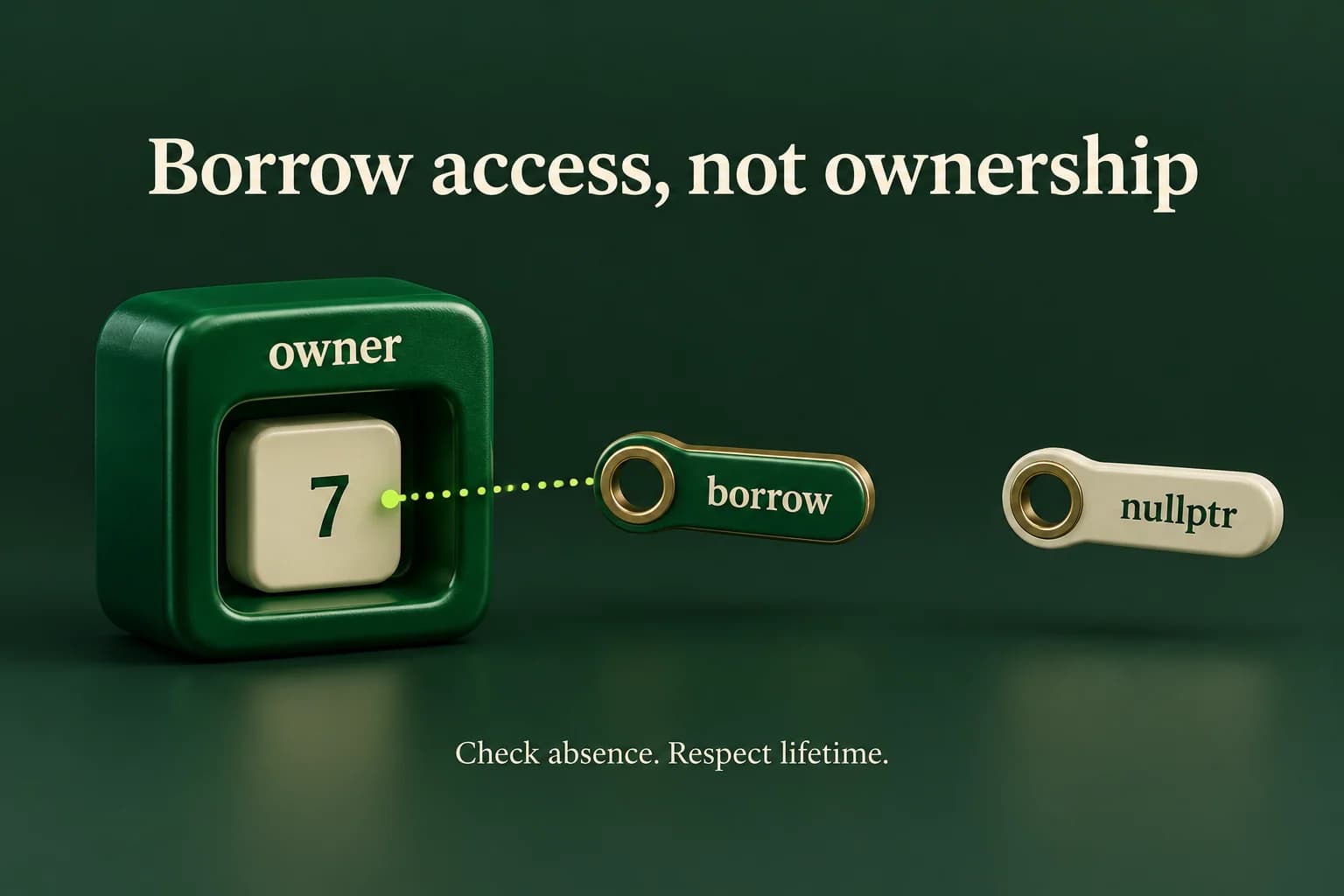 An owner contains the integer seven. A separate borrowing handle refers to that same living value rather than holding a copy or owning it, while a disconnected nullptr handle represents the absence of a selected object.
