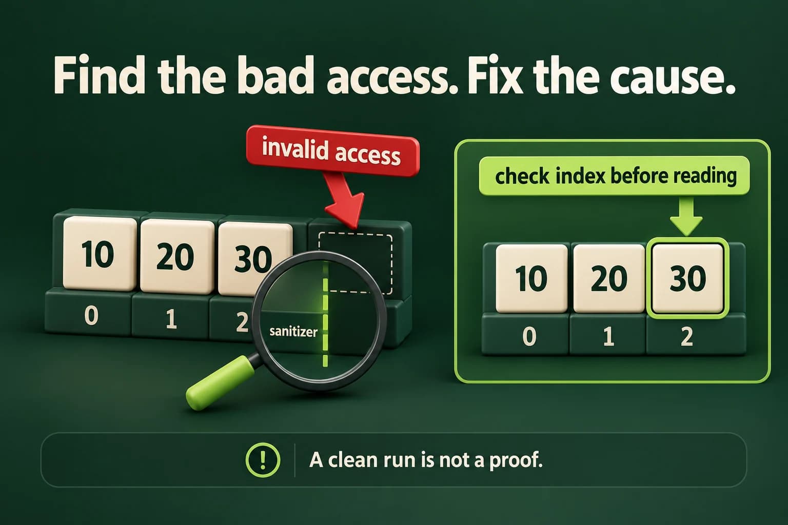 An owner stores three values at zero-based indices zero, one and two. An attempted access at index three crosses the valid boundary. A separate repaired path checks the index first and safely selects thirty at index two.