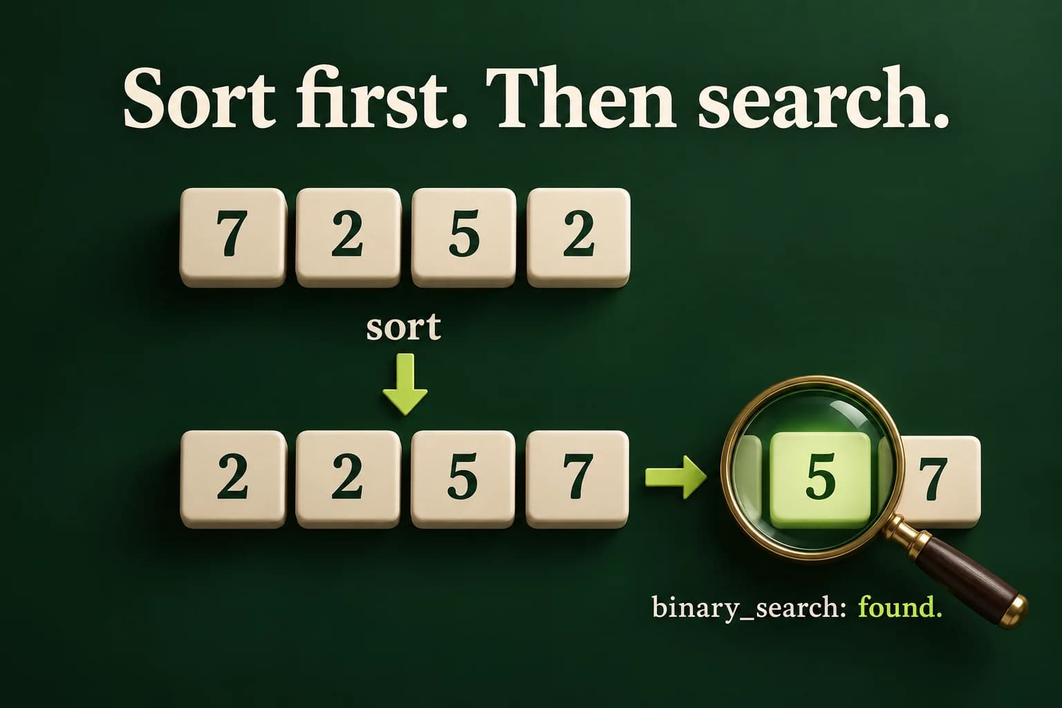 The unsorted values seven, two, five and two become two, two, five and seven after sorting. Binary search then looks for five in the ordered range, preserving both copies of two.