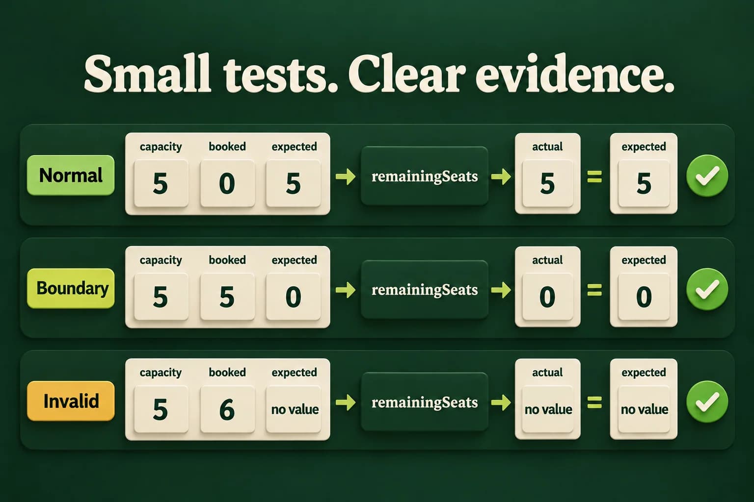 Three seat-count checks show capacity five with zero booked expecting five, five booked expecting a present zero, and six booked expecting no value. Each case compares a pure function's actual result with its independently stated expectation.