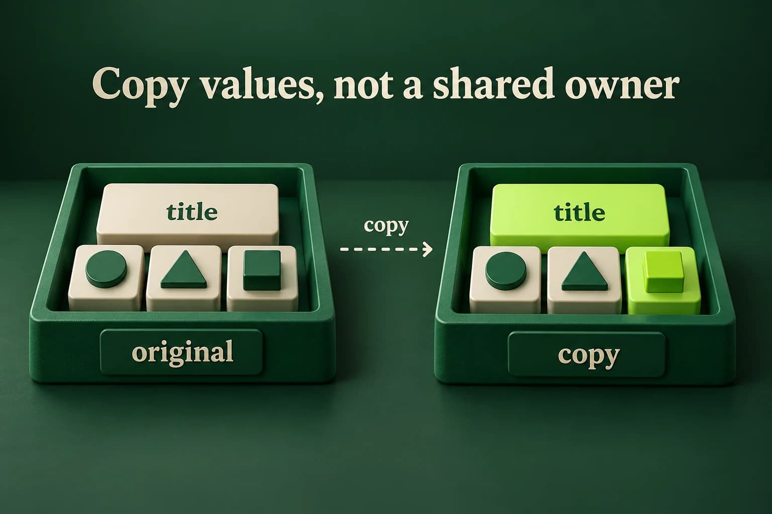 Two separate record trays represent original and copy. Each owns its own title tile and sequence of integer tiles. A one-way copy arrow denotes initial duplication, while later highlighted edits appear only in the copy and no shared storage connects the two records.