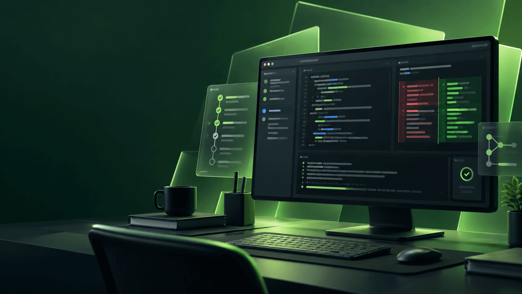 A developer workspace showing an AI coding plan, code review diff, and validation panels