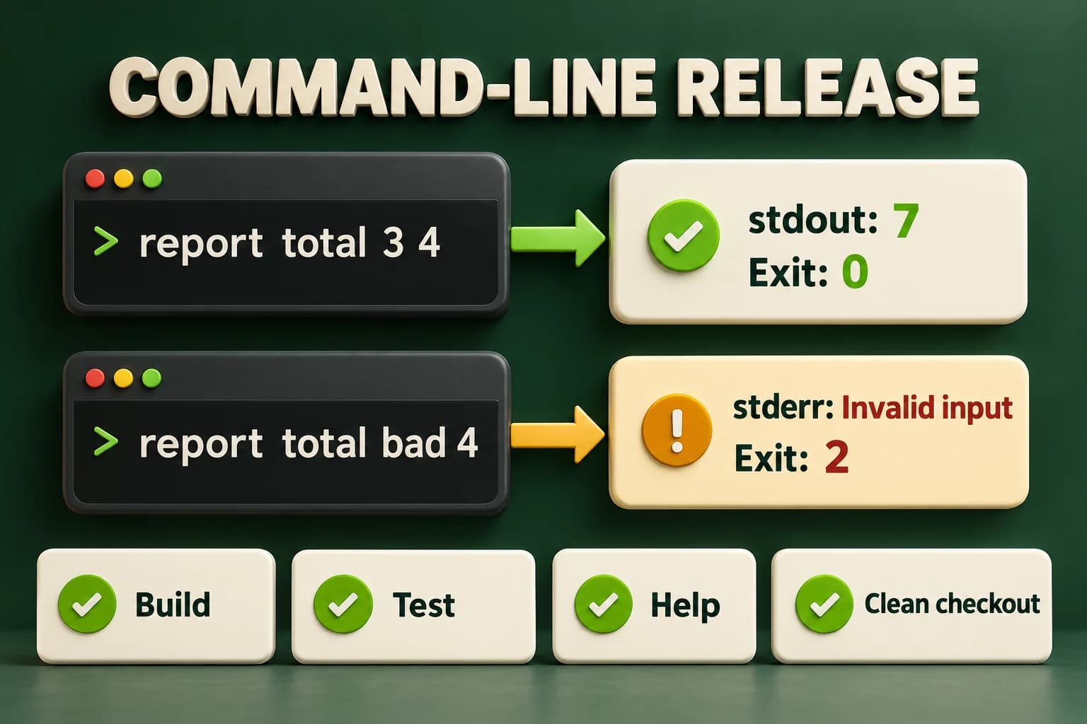 The valid report total 3 4 invocation writes seven to stdout and exits zero. The malformed report total bad 4 invocation writes Invalid input to stderr and exits two. Build, test, help and clean-checkout checks form the release review.