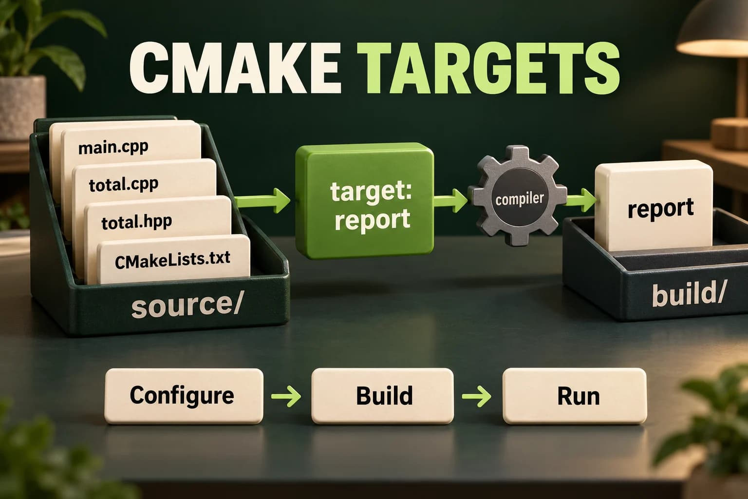 Source files main.cpp and total.cpp and the total.hpp header belong to a report target. Generated files live in a separate build directory; the selected compiler and linker produce the report executable.