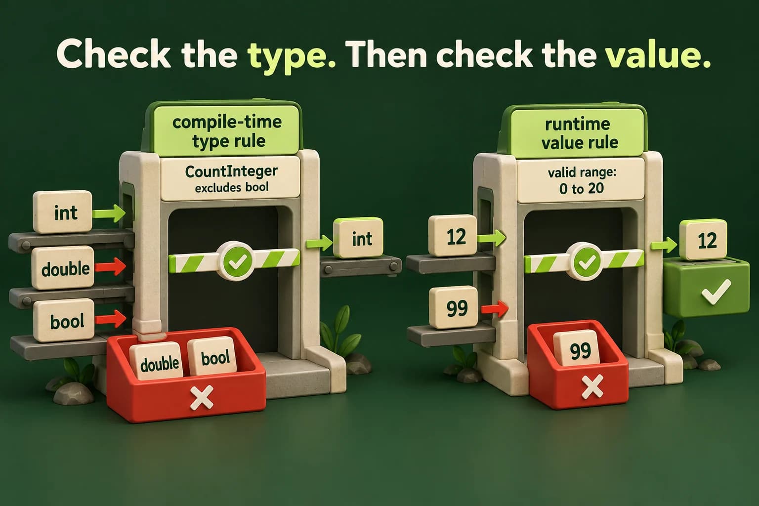 A compile-time type gate accepts an integer type and rejects double and bool for CountInteger. A separate runtime gate accepts integer twelve within zero through twenty but rejects integer ninety-nine even though its type was accepted.