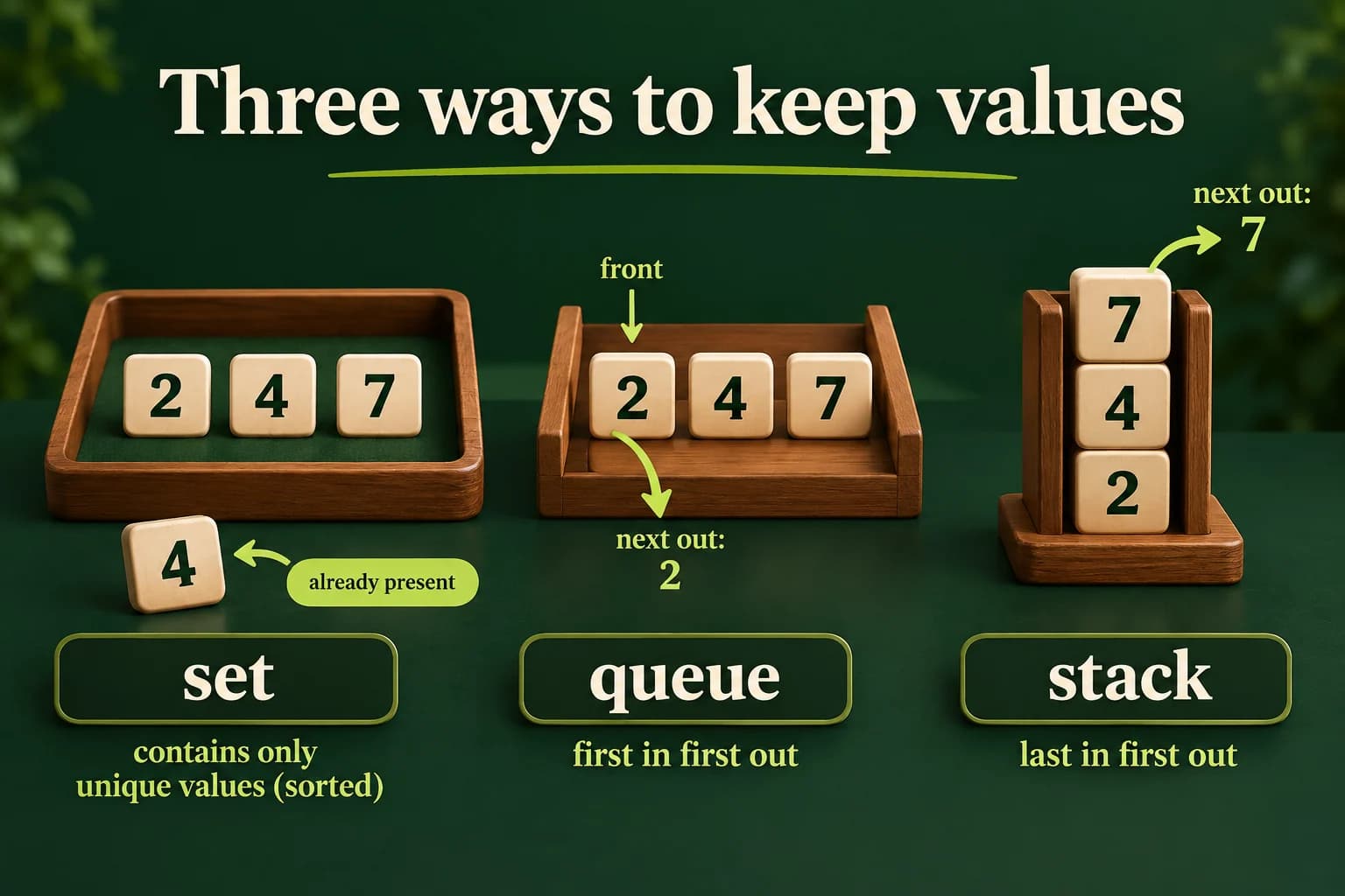 A set keeps the sorted unique keys two, four and seven. A queue takes two out first, while a stack takes seven out first from the same arrival order. A duplicate four is not inserted into the set.