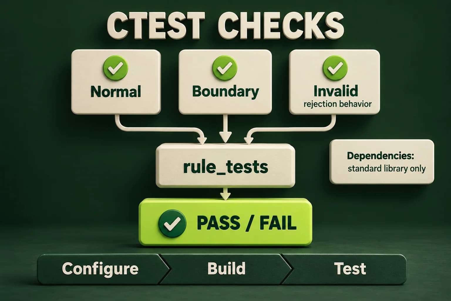 Normal, boundary and invalid-input expectations are checked by the rule_tests executable. CTest runs that executable and uses its completion status to report a pass or failure; this project needs only the standard library.