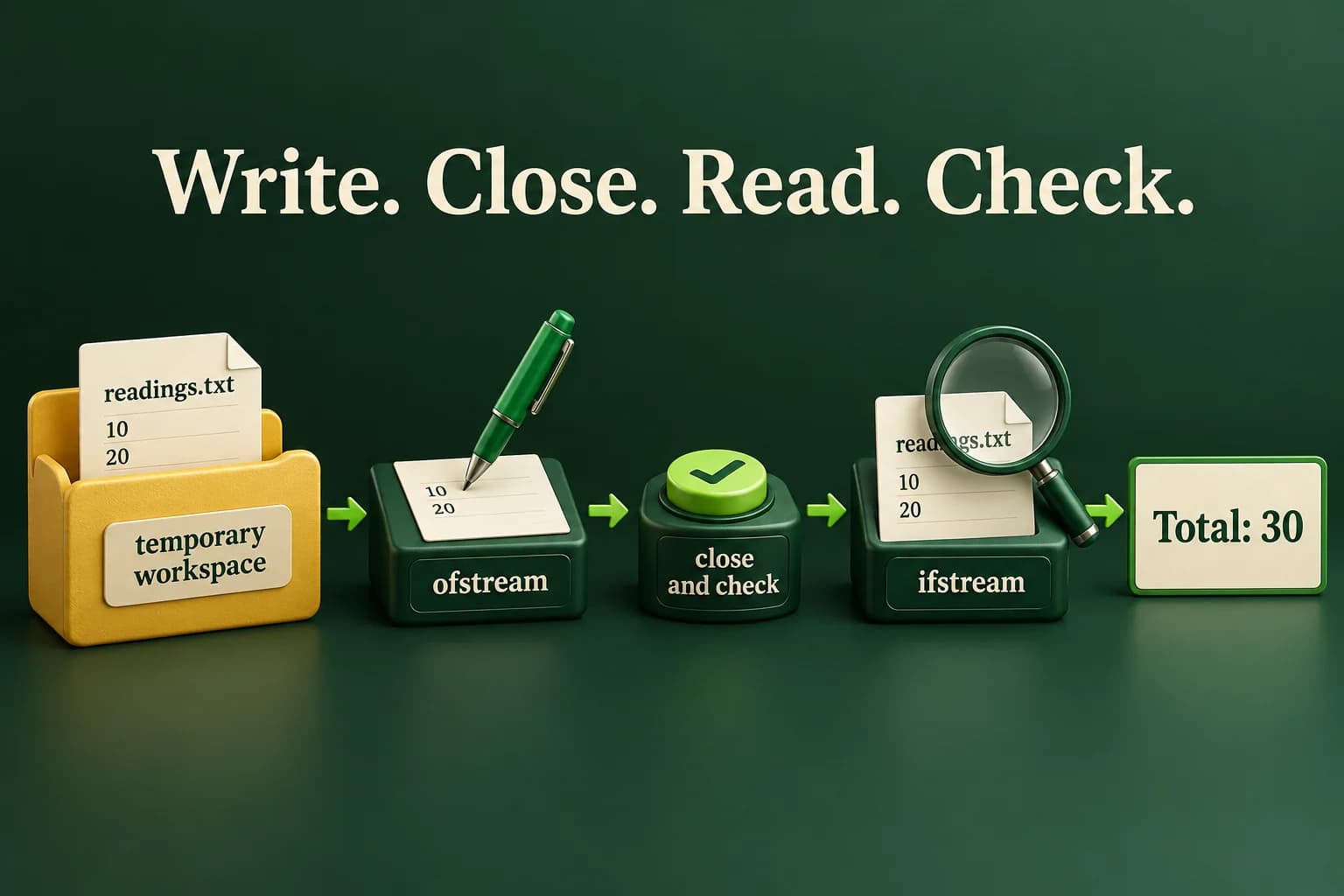 An output stream writes the lines ten and twenty into readings.txt inside a new temporary workspace. Writing is closed and checked before an input stream reads the same file, producing the total thirty.