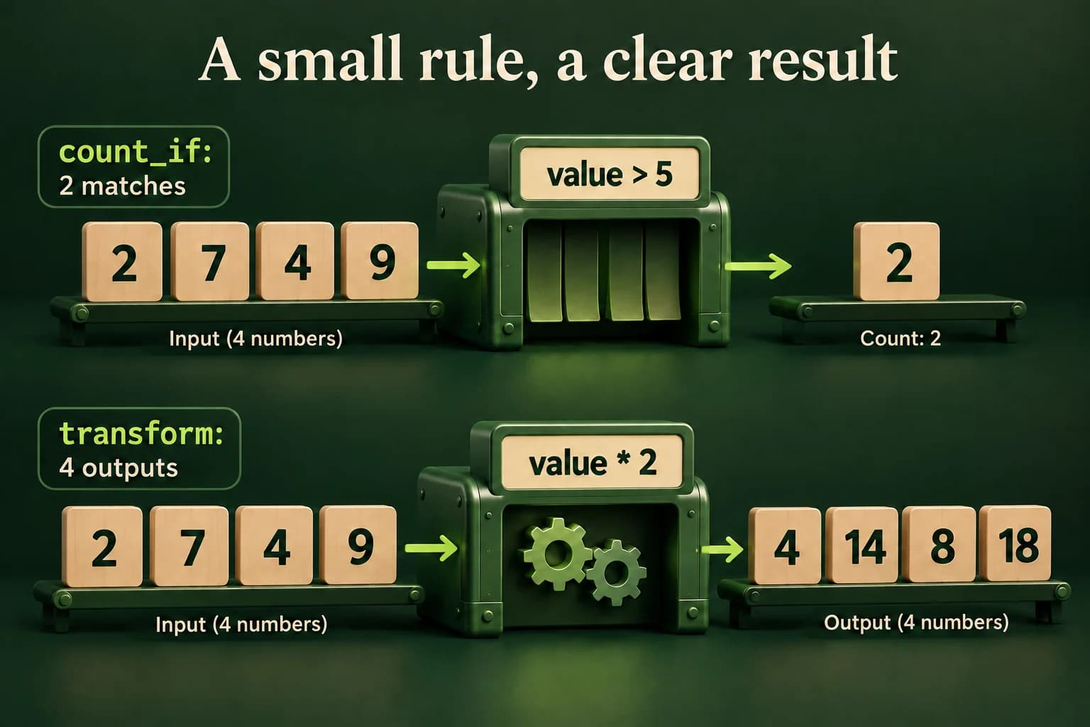The unchanged input two, seven, four and nine is tested by a greater-than-five rule, producing two matches. A separate doubling operation creates four outputs: four, fourteen, eight and eighteen.