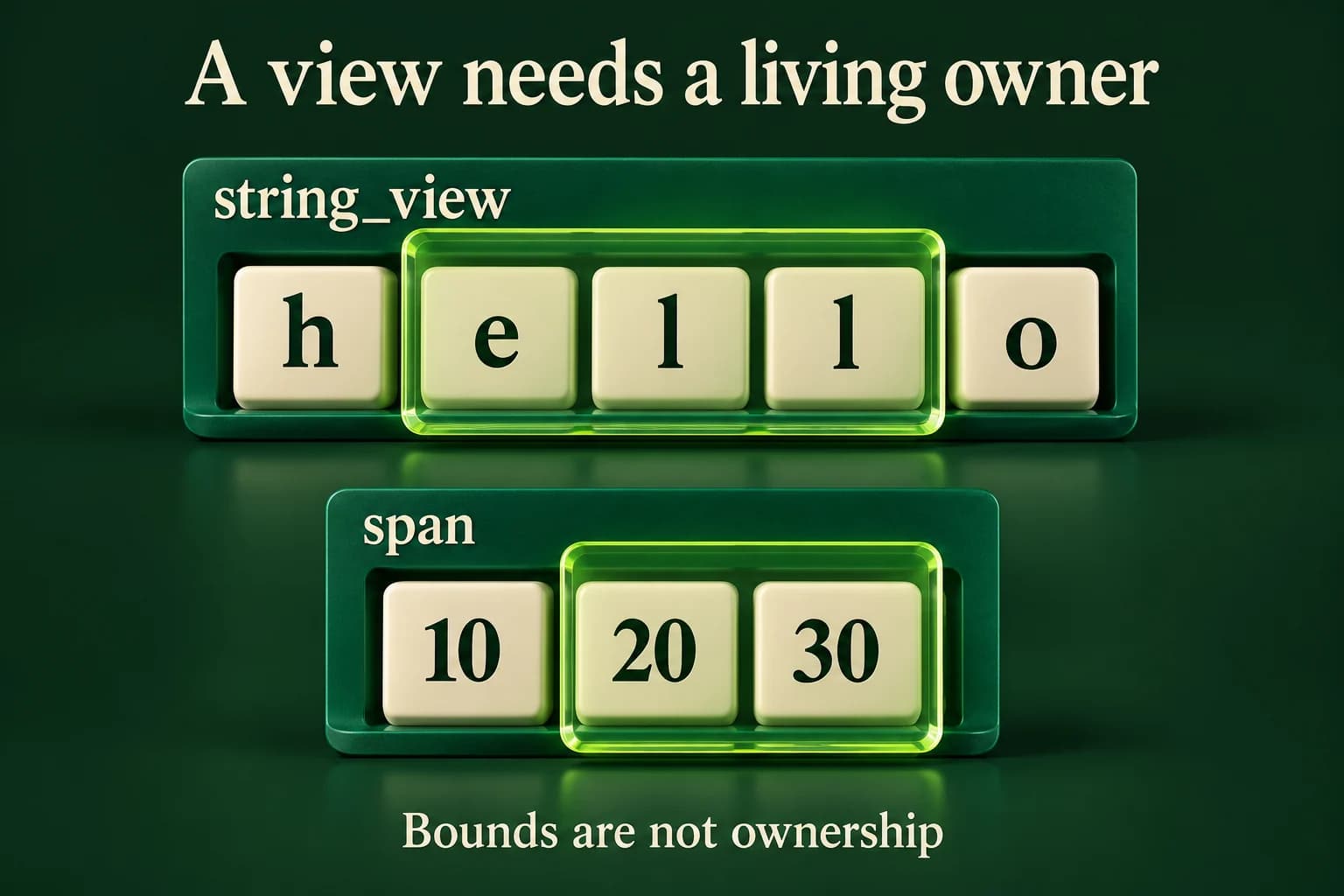 Two owner-backed windows illustrate borrowing: a string_view selects the middle characters of hello while a span selects existing integer elements. The owners remain visible beneath both windows, and no transfer arrow or copied storage suggests that either view owns the data.
