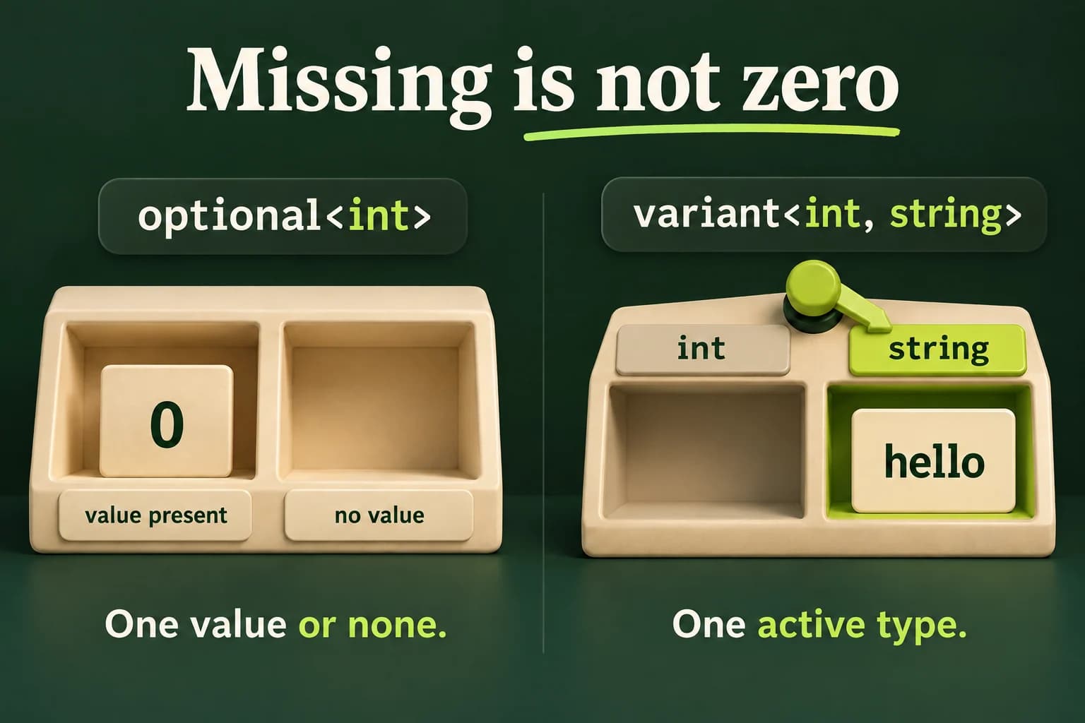An optional integer holding zero is shown as present, beside a separate empty optional. A variant with integer and string alternatives has only its hello string selected as the active value, not both types at once.