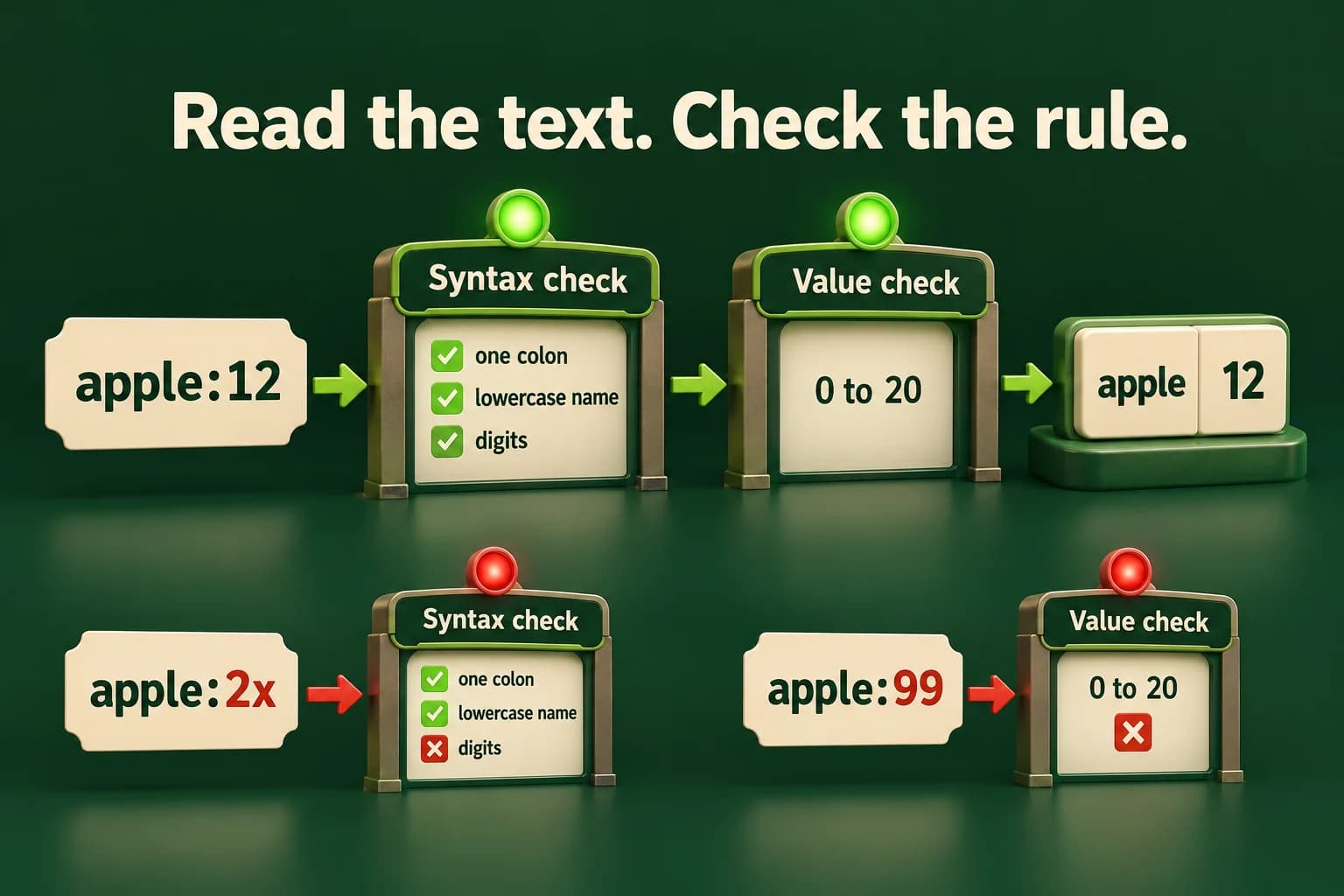 The record apple colon twelve passes a syntax check for name, separator and digits, then a value check from zero to twenty. apple colon 2x fails syntax, while apple colon 99 has numeric syntax but fails the allowed value rule.