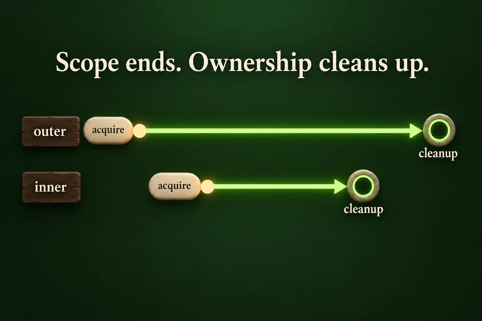 A nested lifetime timeline shows an outer owner acquired first and released last, with an inner owner acquired later and released earlier. An early-return path reaches cleanup as well, illustrating reverse destruction of fully constructed automatic objects during ordinary scope exit.