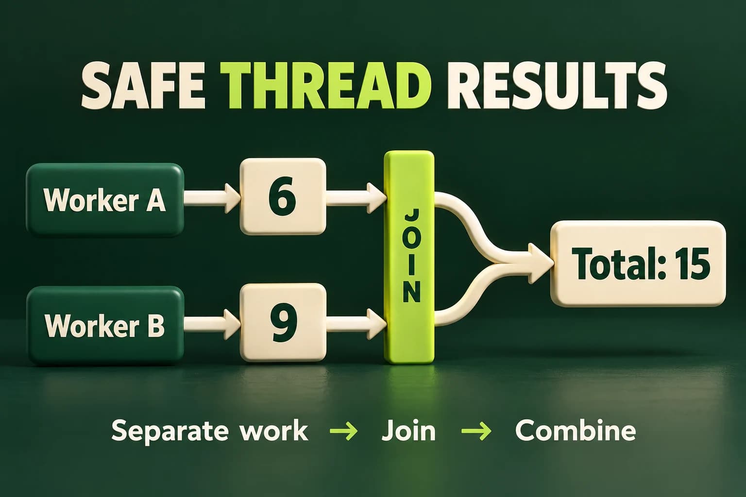 Worker A computes six into its own result and Worker B computes nine into another result. Both workers join before the main thread reads and combines those separate values into a total of fifteen.