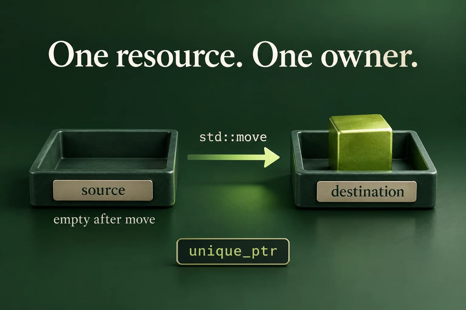 After a completed unique_ptr move, an empty source tray and one destination tray show exactly one resource cube. The ownership-transfer arrow represents the move operation selected using std::move, not a second resource or a copy of the original object.