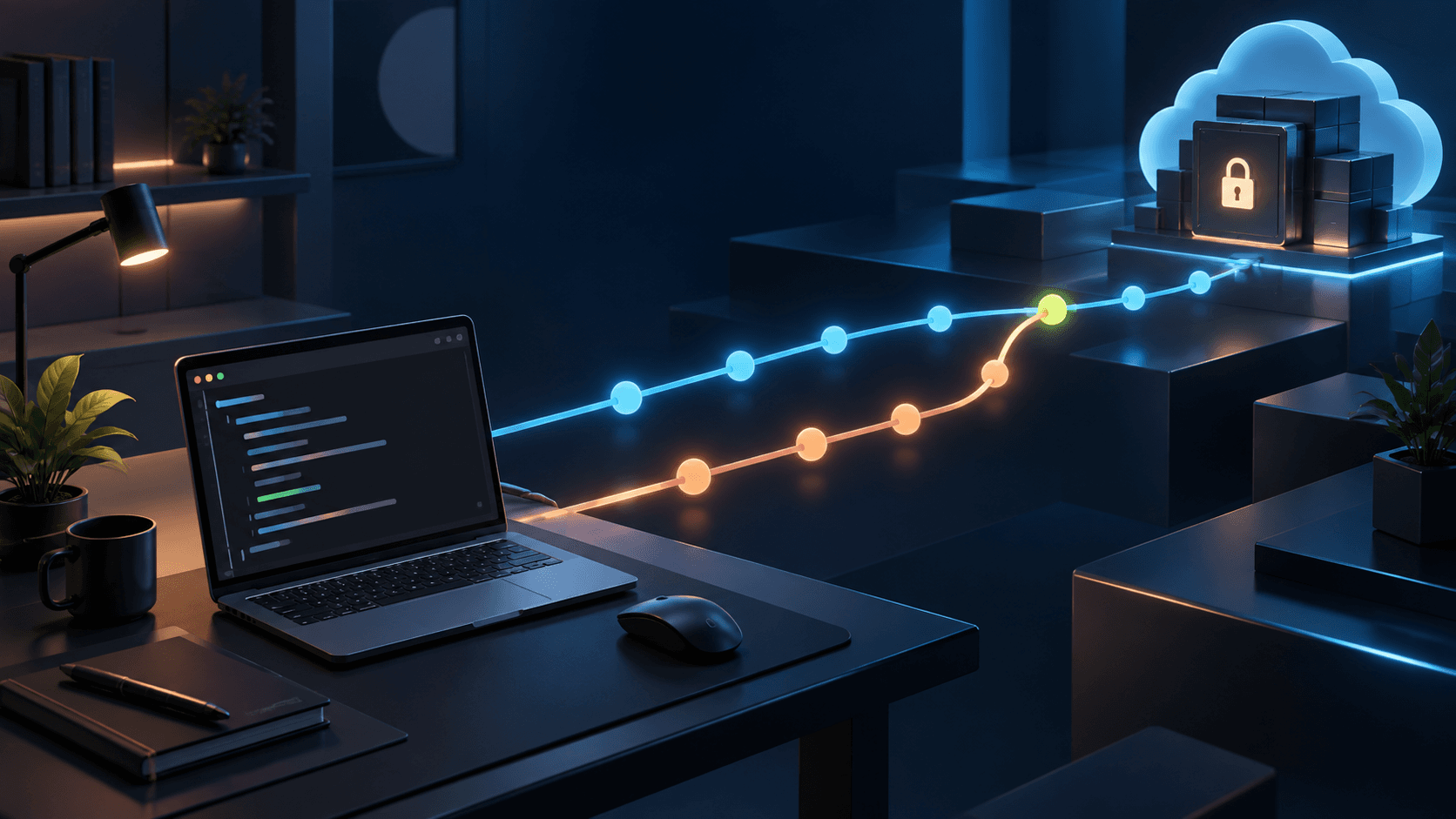 A branching commit path connecting a developer workstation to a secure remote repository