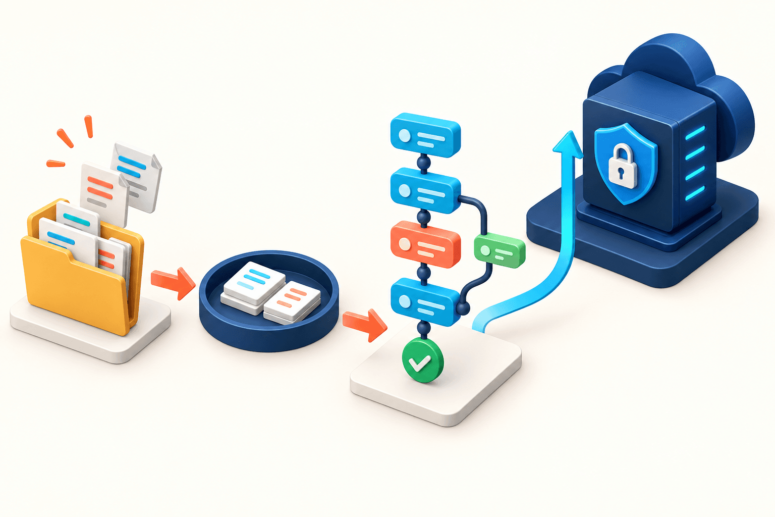 An abstract Git workflow moving changed files through staging and commits to a secure remote repository