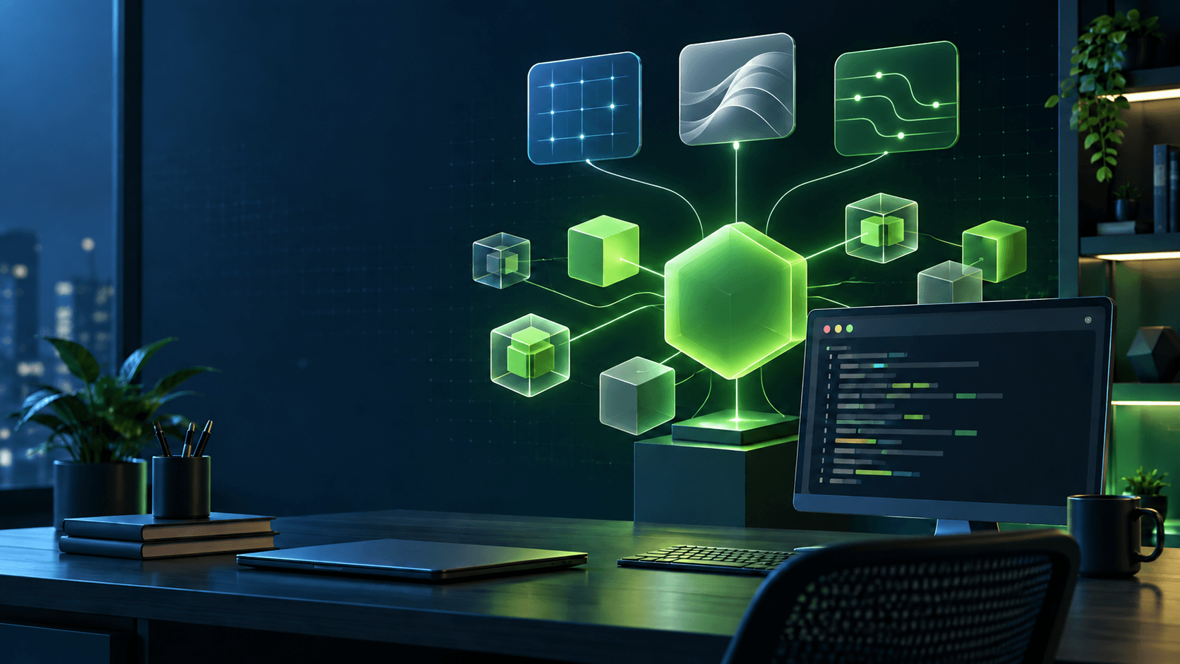 A modern development workspace with an abstract green module network and terminal