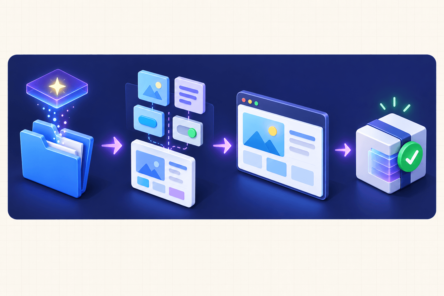 An abstract Vite workflow moving from a project scaffold through components and live preview to a production bundle
