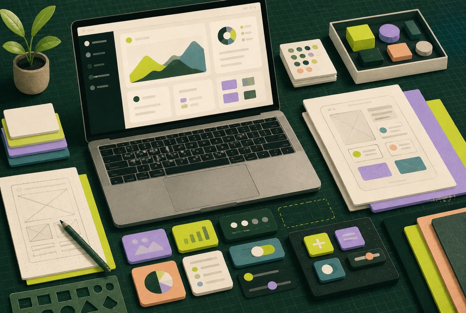 A laptop displaying a web interface surrounded by design cards and a page sketch