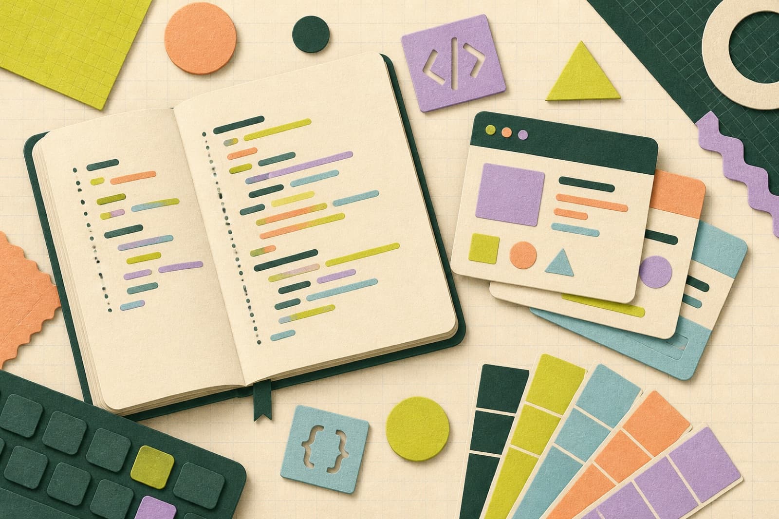 A notebook filled with colorful code lines beside web-page cards and a keyboard