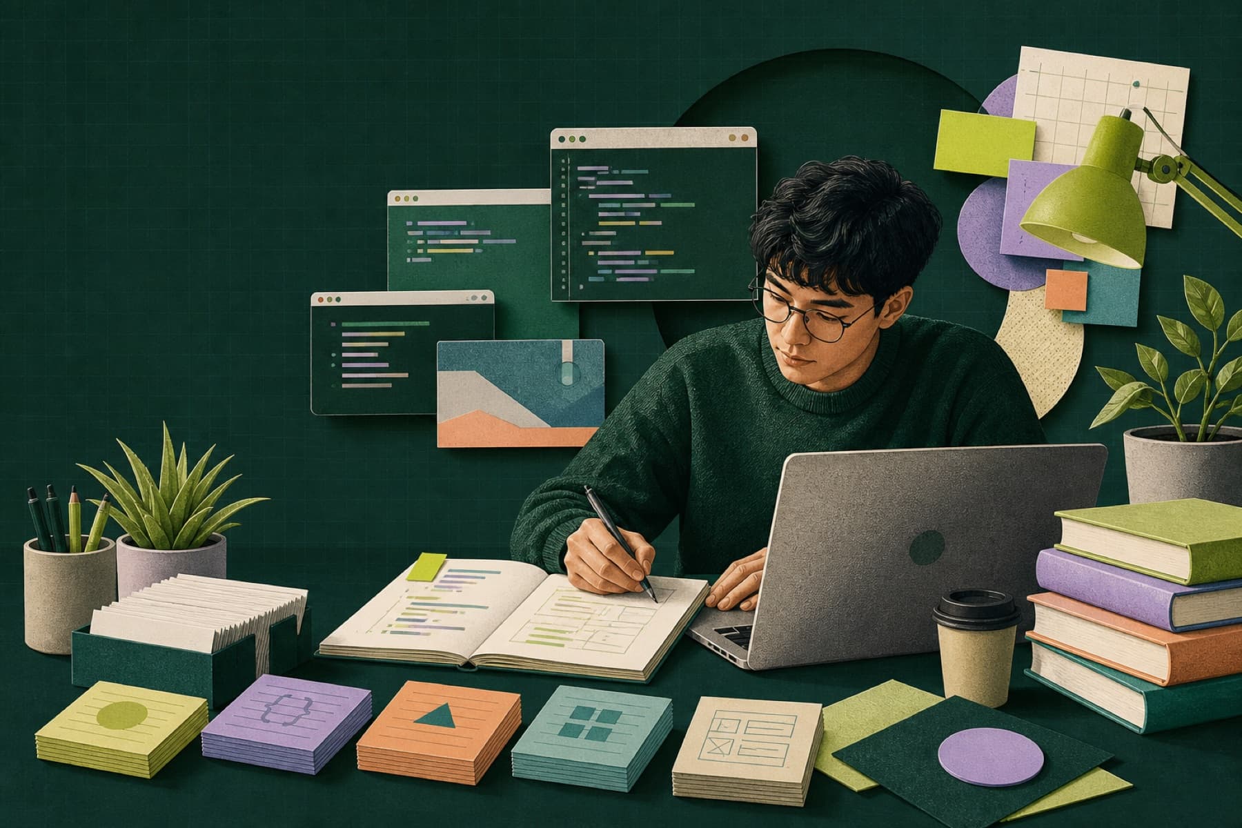 Developer working through a practical programming lesson